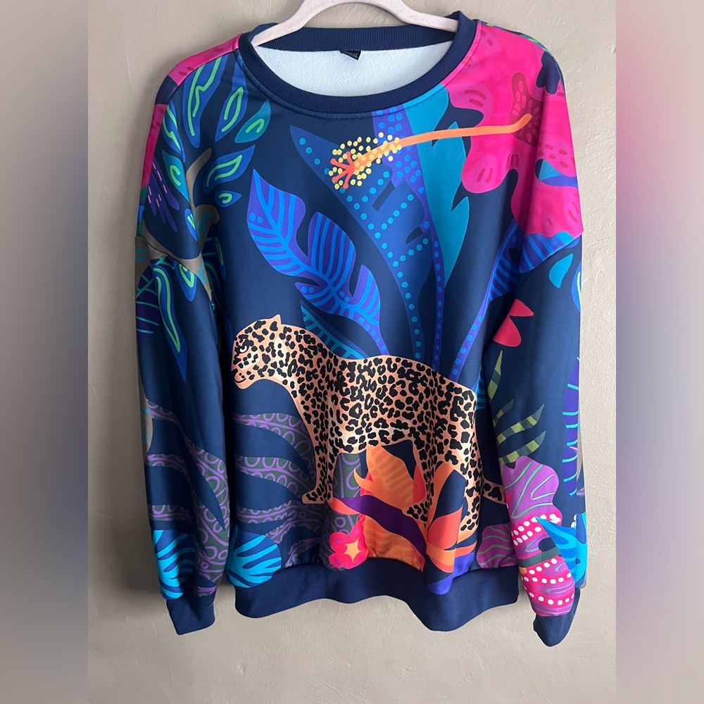SHEIN Blue and Pink Jungle Print Sweatshirt
